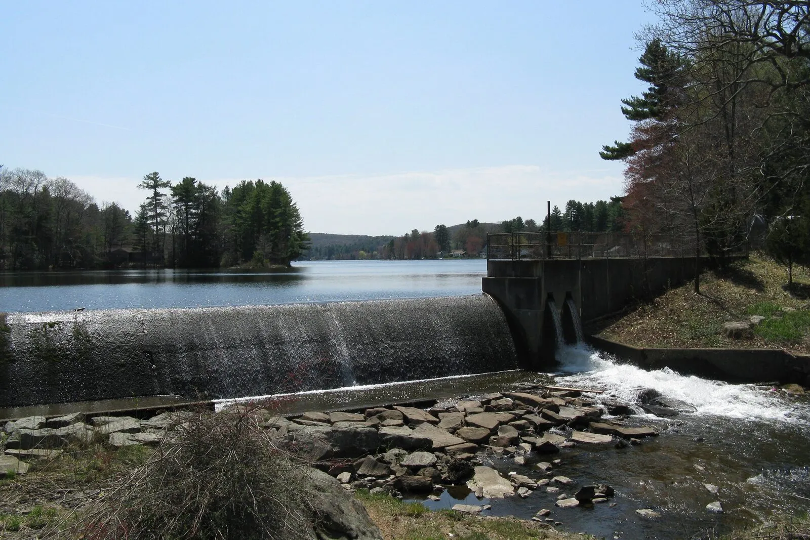 The dam at the south end of Hamilton Reservoir in Holland on a clear spring afternoon. A long low concrete spillway running across the frame with water sheeting smoothly over its full crest, the broad open reservoir stretching back to the left edged by bare-leafed early-spring deciduous trees and tall dark conifers, a small concrete gatehouse with two arched outlet openings on the right end of the dam discharging a narrow stream onto a tumble of pale flat stones in the foreground, low forested ridges closing the distance under a deep-blue cloudless sky.