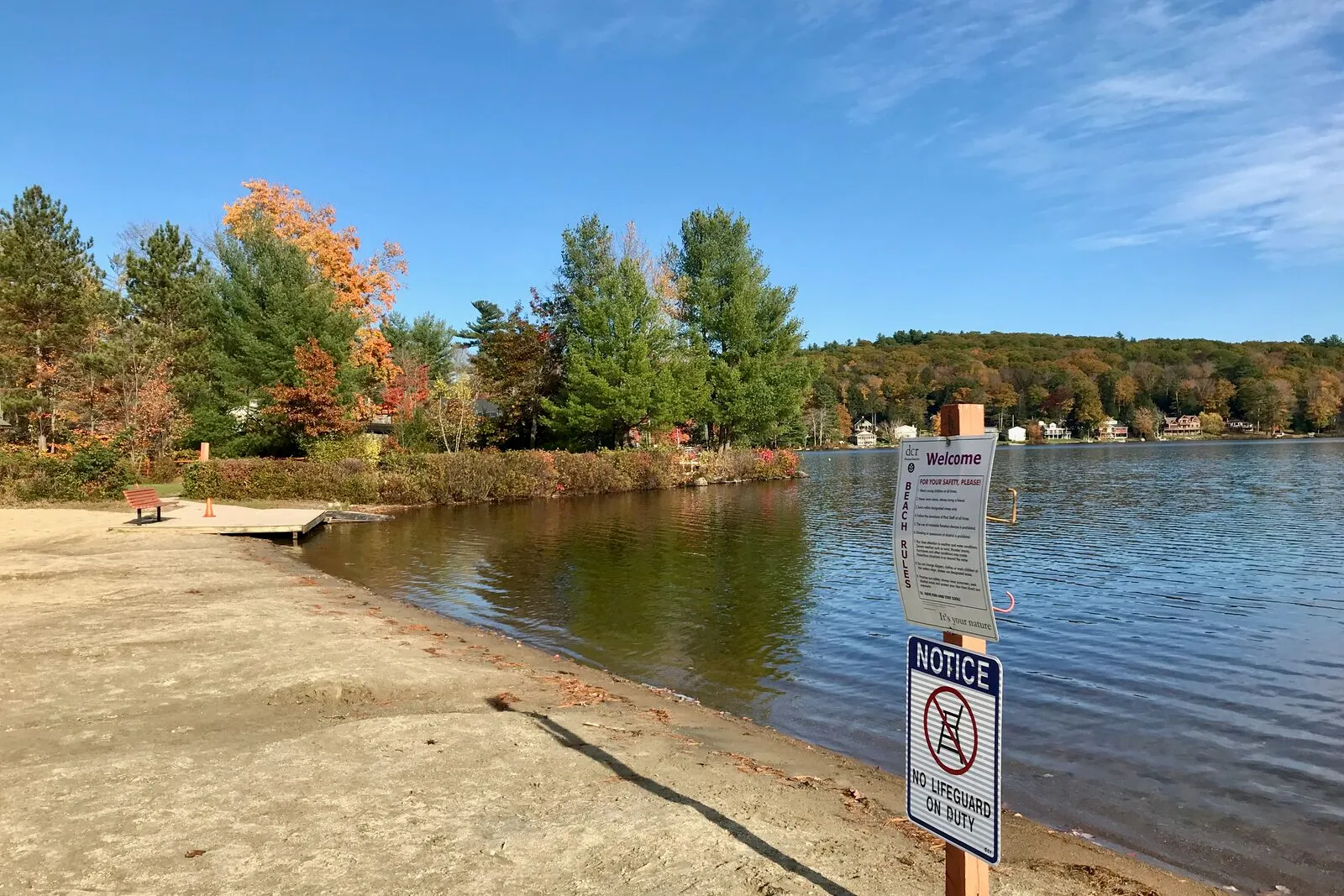 The public beach at Lake Wyola State Park on a clear October afternoon: a wide curve of sandy shoreline in the foreground sloping down into the calm dark water of the lake, a wooden swim float and short dock at the left edge of the beach, a wooded point of mixed pines and orange-and-yellow fall hardwoods reaching into the lake in the middle distance, a low forested ridge across the far shore in patchy fall color, a small paper Welcome sign and a No Lifeguard On Duty notice posted on a wooden post in the right foreground, and a bright blue sky with a few thin streaks of cloud overhead.