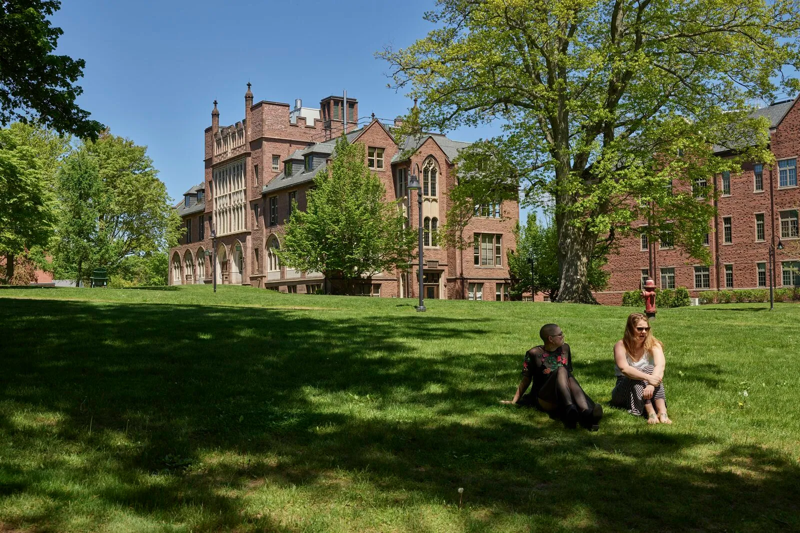 Two students sitting and talking on the bright spring lawn of the Mount Holyoke College quadrangle in South Hadley — an academic building in red-brick Collegiate Gothic style with Tudor-arched windows and a small slate-roofed turret rising on the left, another red-brick residential hall on the right, mature deciduous trees with new leaves arching overhead and casting dappled shade across the lawn, and a clear blue sky with thin scattered clouds above.